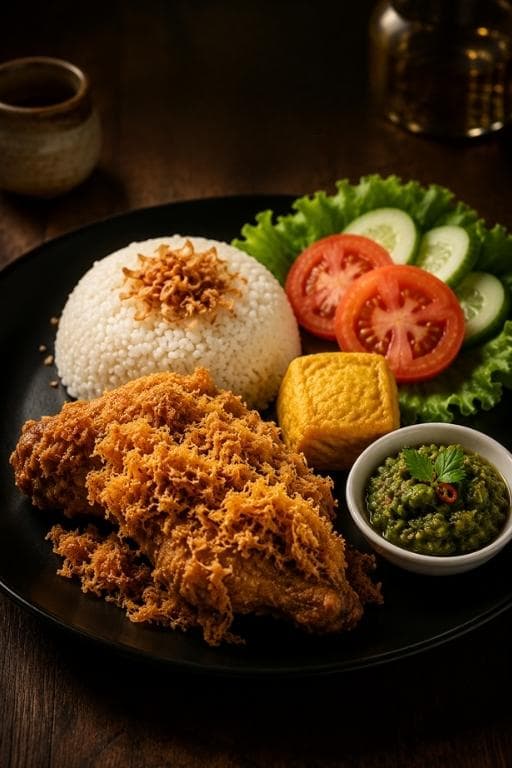 Ayam Bakar Keraton berkilauan dengan kecap, disajikan di atas piring bambu dengan sambal dan lalapan hijau
