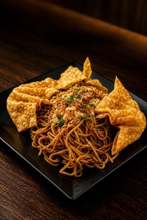 Semangkuk Mie Jagoan dengan telur setengah matang, pangsit goreng, dan sambal merah di mangkuk hitam elegan
