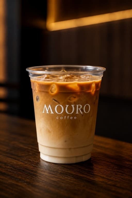 Iced latte MOURO dengan cold foam amber dalam gelas tinggi di atas meja kayu gelap