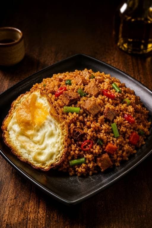 Nasi Goreng Wagyu EL NASGOR yang mengepul dengan telur ceplok crispy dan irisan wagyu di atas piring hitam elegan