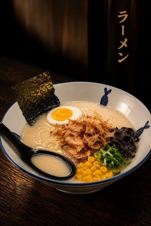 Semangkuk ramen tonkotsu RAMENIKU dengan telur ajitsuke, chashu babi, dan nori di atas kaldu bening keemasan