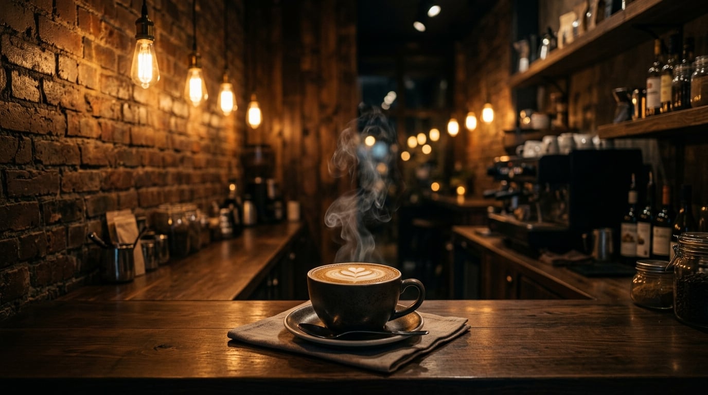 Interior GTC Coffee & Bistro — lampu pijar hangat di atas latte buatan tangan pada meja kayu mengkilap