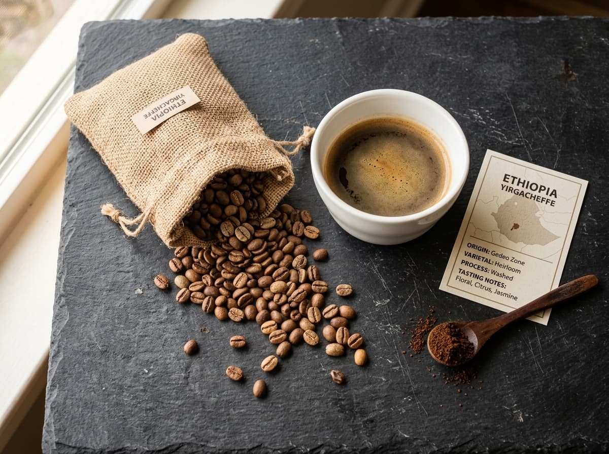 Biji kopi single-origin Ethiopia Yirgacheffe di samping mangkuk cupping