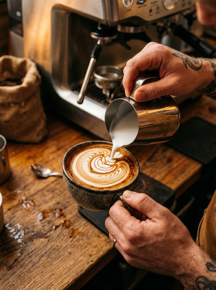 Barista membuat latte art rosetta di cangkir keramik lebar